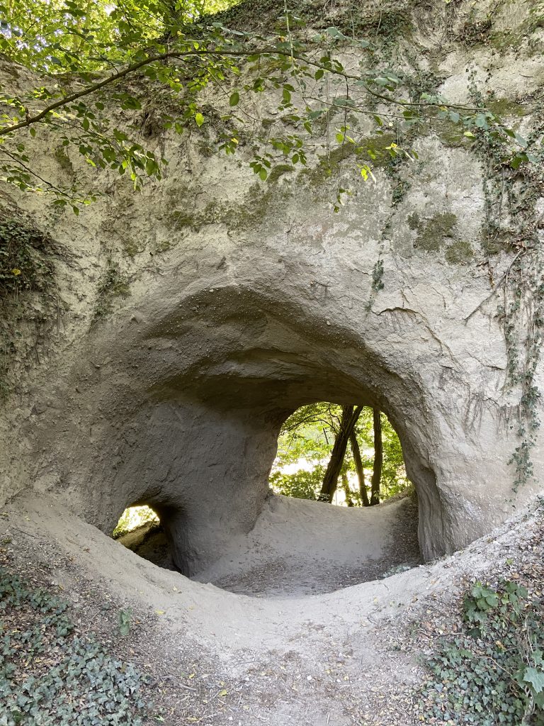 Mehrere Durchgänge durch ein Stück helles Trass-Gestein, im Hintergrund Wald und Sonne.