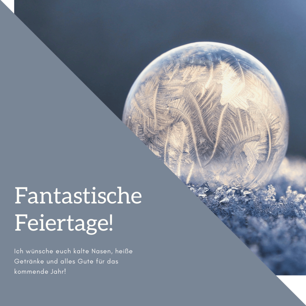 Quadratische Grafik mit einer diagonalen Aufteilung (links oben nach rechts unten): Rchts eine gefrorene Seifenblase auf einem Bett aus Eiskristallen, überwiegend weiße und dunkelblaue Farbtöne. Lins grau-blauer Hintergrund, darauf weiße Schrift: "Fantastische Feiertage! Ich wünsche euch kalte Nasen, heiße Getränke und alles Gute für das kommende Jahr!"