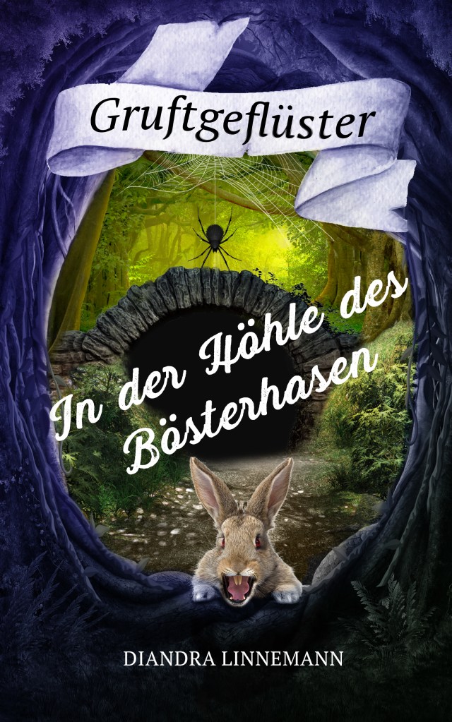 Den rahmen bilden zwei knorrige, violett-schwarze Bäume. Unten faucht ein wütendes braunes Kaninchen mit roten Augen den Betrachter an. Dahinter führt ein Pfad durch einen Wald auf eine Höhle zu. Über dem Eingang baumelt eine schwarze Spinne.