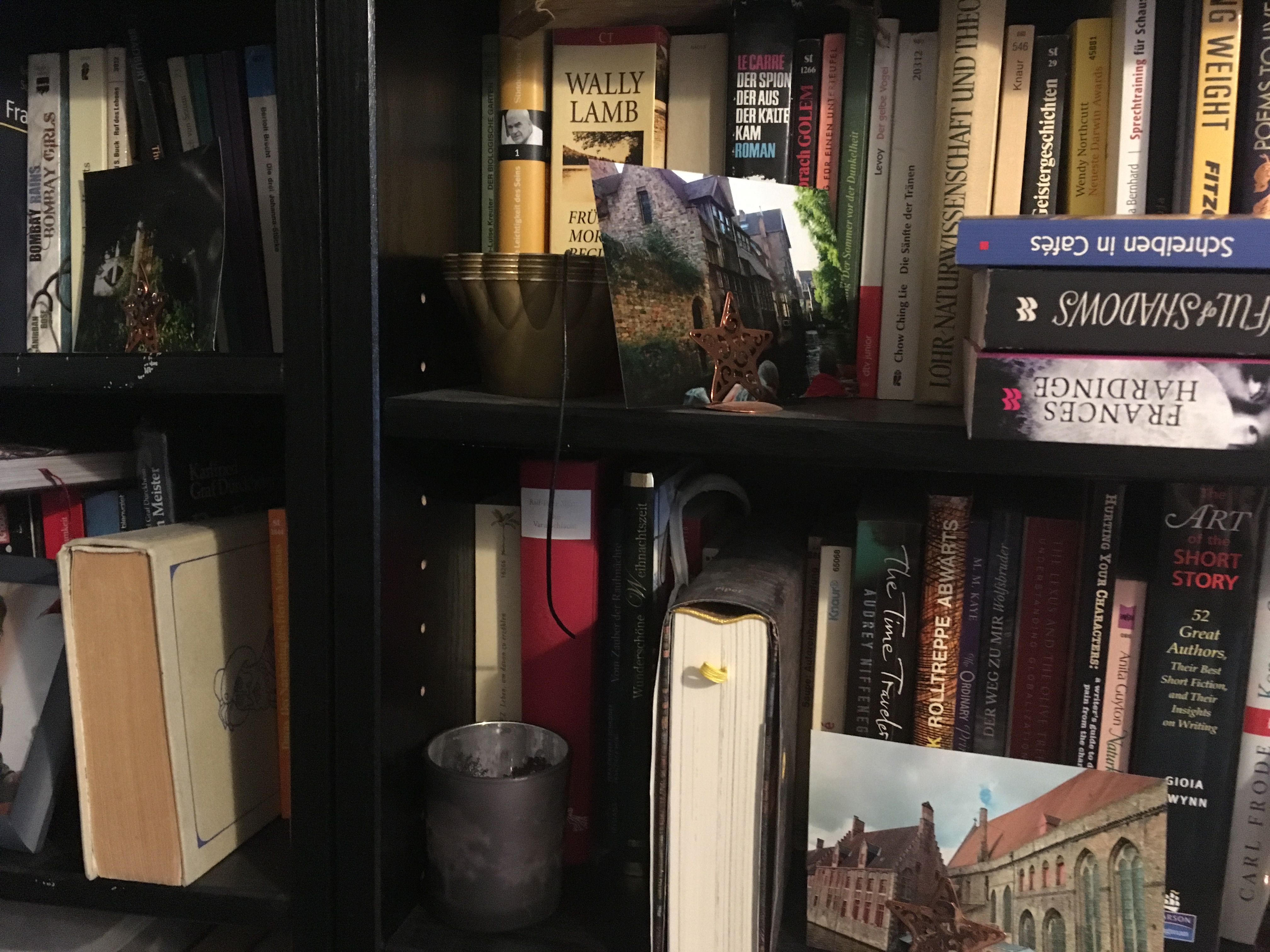 In einem schwarzen Bücherregal (Ausschnitt) liegen, stapeln und drängeln sich diverse Bücher. Chaos.