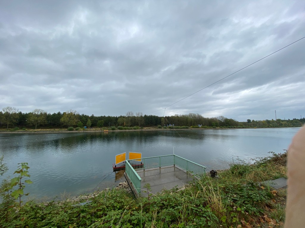 Dramatischer Himmel, eine große natürliche Wasserfläche, im Vordergrund eine mit einem Metallgeländer eingezäunte Betonfläche zwischen Brombeerranken. Auf der anderen Seite des Sees düstere Bäume.