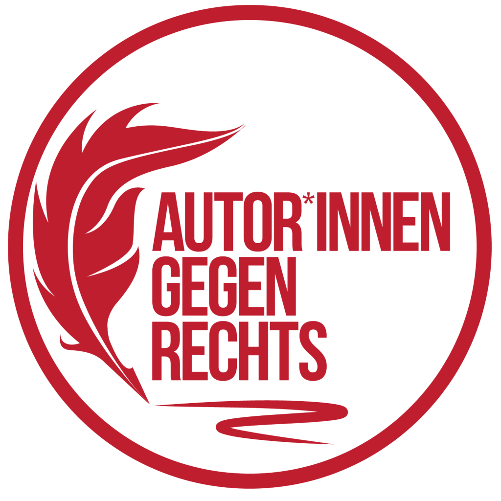 Logo "Autor*innen gegen Rechts": Ein roter Kreis auf weißem Grund, darin links eine rote Schreibfeder neben dem Schriftzug "Autor*innen gegen Rechts". Am Fuß des Schriftzugs eine geschwungene Linie.