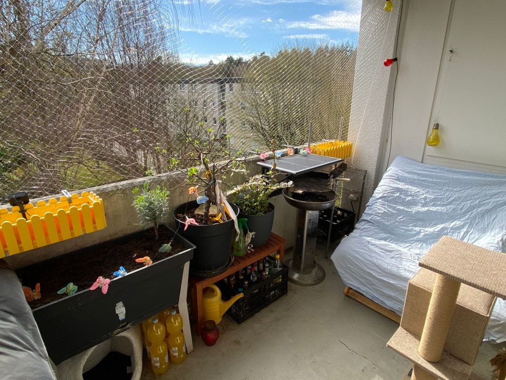 Aufsicht auf den Balkon bei Tage. Von rechts nach links: Ein beigefarbener Kratzbaum. Ein hellblau bezogener Polsterstuhl. Die Brüstung mit zwei gelben Balkonkästen, enem Klapptisch, einem REgal, einem Grill, zwie Blumenkübeln auf einer Holzbank, einem schwarzen Hochbeet (noch unbepflanzt). Unter dem Hochbeet und der Holzbank stehen jeweils Getränkeflaschen. Die Aussicht geht auf ein Mehrfamilienhaus, den Waldrand und den blauen Himmel.