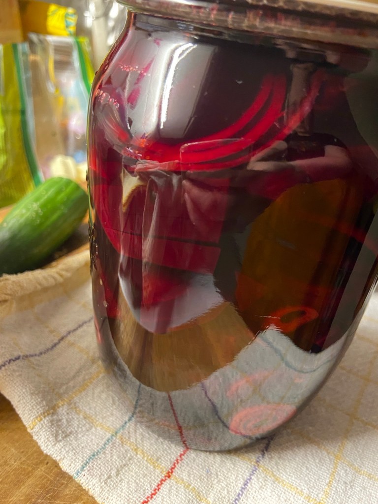 Angeschnitten im Vordergrund ein bauchiges Einmachglas mit einer dunkelroten Flüssigkeit. Darin erkennt man rote Würfel und Zwiebelringe. Das Glas steht auf einem karierten Küchentuch. Im Hintergrund unscharf eine angeschnittene Salatgurke und buntes Chaos. 