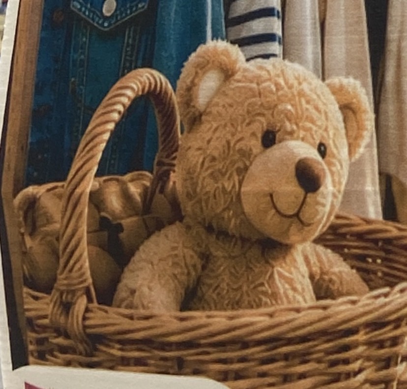 Ein Stoffbär sitzt in einem merkwürdig dysproportionalen Weidenkorb. Der Henkel ist fast komplett links. 